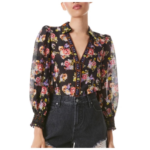 Alice + Olivia Tops - Alice + Olivia Silk Cotton Black Floral Codina Button Down Blouse Top L